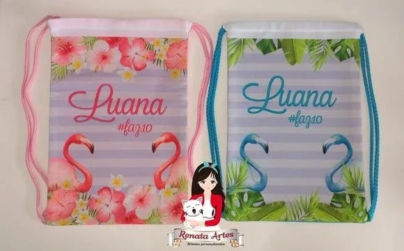 Mochila de Tecido Personalizada Tema Flamingos
