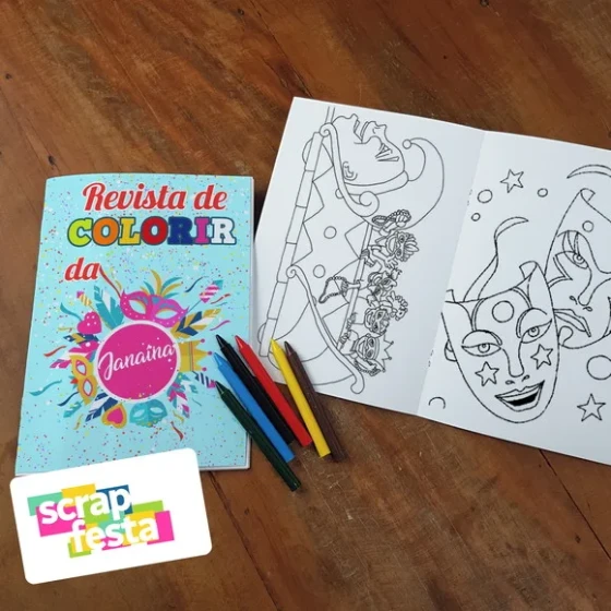 Revista Colorir + Giz de Cera Festa Carnaval