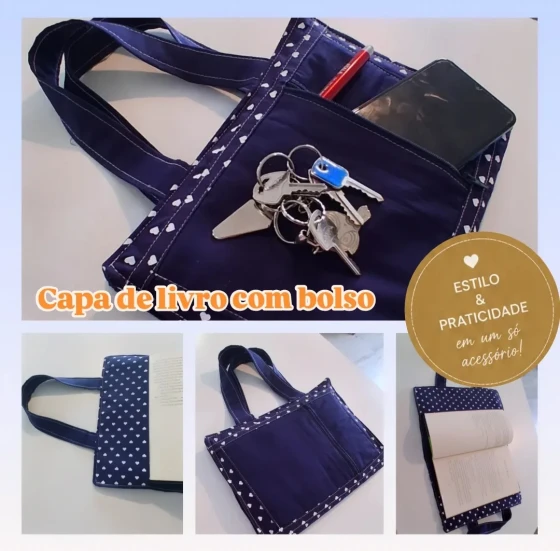 Capa de Livro em tecido com bolso estampa de coração