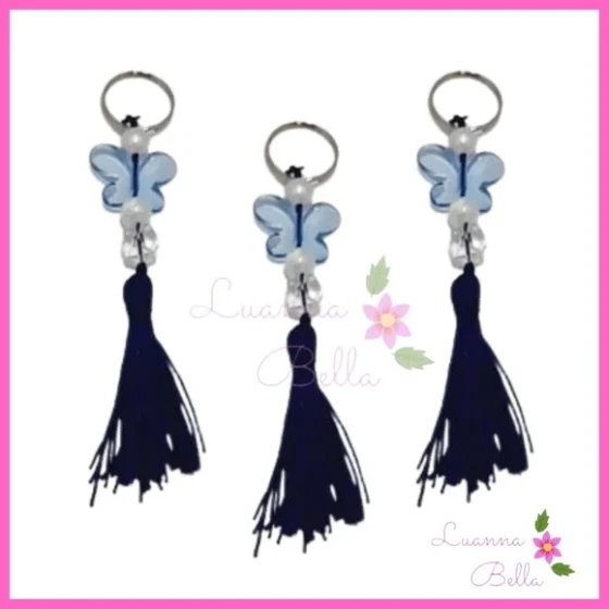 Chaveiro Borboleta acrílica c/ franja Azul -Pct c/4 unidades