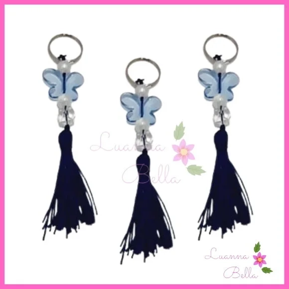 Chaveiro Borboleta acrílica c/ franja Azul -Pct c/4 unidades
