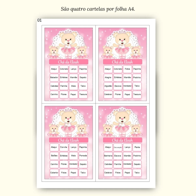Bingo Chá de Bebê Menina Pdf Para Imprimir