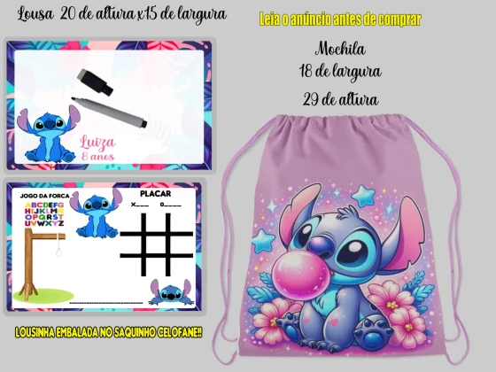Kit mochilinha e Lousa Magica Personalizada do Stitch