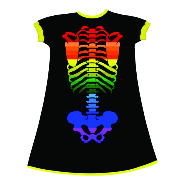 Vestido Infantil Fantasia Esqueleto Colorido Arco-Íris Neon