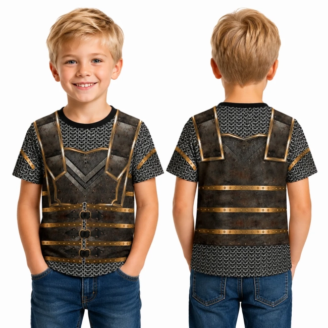Camiseta infantil Medieval Masculina Armadura de Guerreiro – Fantasia Temática Sublimada para Cosplay e Festas | Ricardo Fantasias