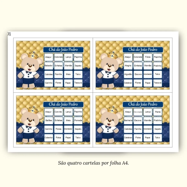 Bingo Chá de Bebê Menino Pdf Para Imprimir