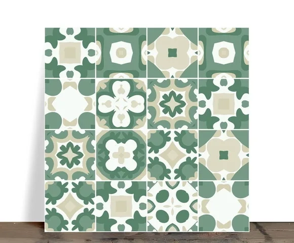 Azulejo Decorativo Mosaico Mandalas Verdes e Creme 15x15