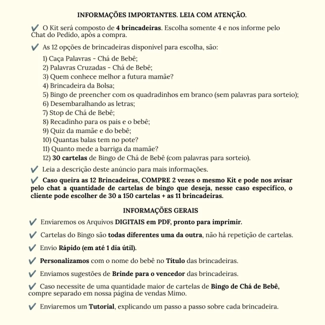 Kit 4 Brincadeiras Chá de Brincadeiras para Imprimir PDF Personalizado