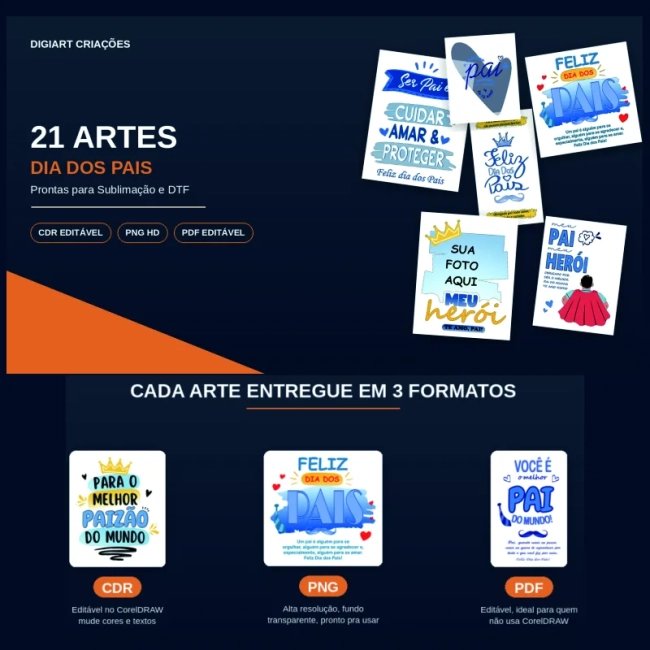 21 Artes Dia dos Pais — Sublimação e DTF (Editáveis em Corel, PNG e PDF)