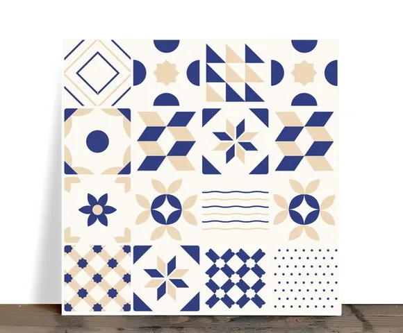 Azulejo Decorativo Retrô Geométrico Azul e Bege 15x15 Cerâmi