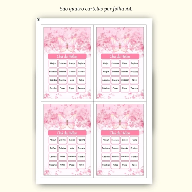 Bingo Chá de Bebê Menina Pdf Para Imprimir