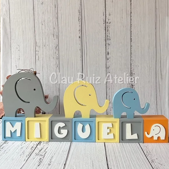 Trio de Elefantes + Cubos 6x6cm Ts Decoração Bebê