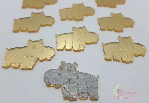 Aplique Hipopótamo Acrílico Espelhado Dourado -pct c/7 un