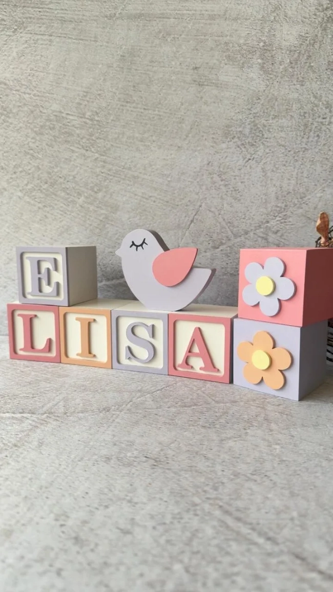 Passarinho + Cubos 6x6cm Ts - Decoração Bebê e Maternidade