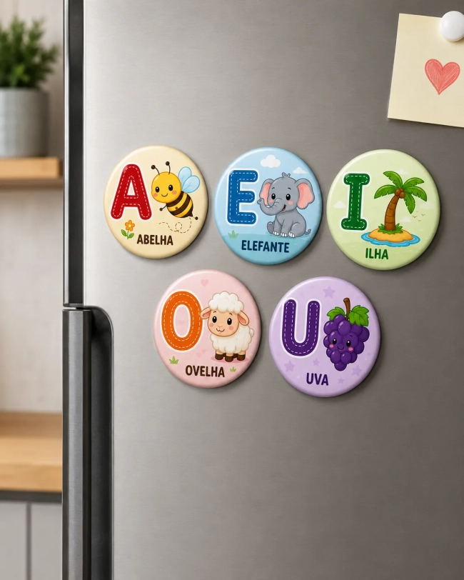 Bottons Educativos Personalizados – Alfabeto, Vogais e Números | Educação Infantil