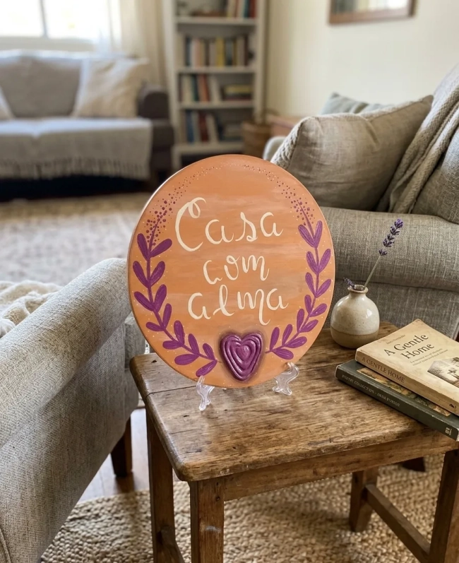Placa Decorativa de Mesa Madeira Pinus Casa com Alma Textura 20cm