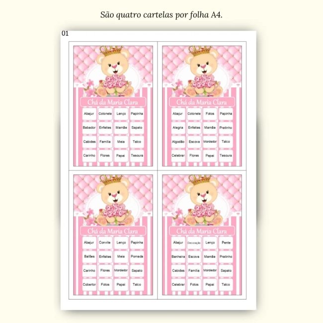 Bingo Chá de Bebê Menina Pdf Para Imprimir