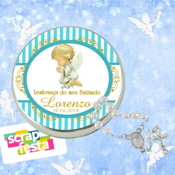 Latinhas Personalizadas Festa Batizado + Mini Terço Branco