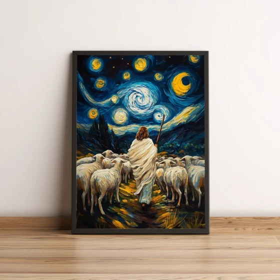 Quadro com Jesus e ovelhas sob céu estrelado 2600