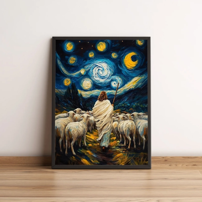 Quadro com Jesus e ovelhas sob céu estrelado 2600
