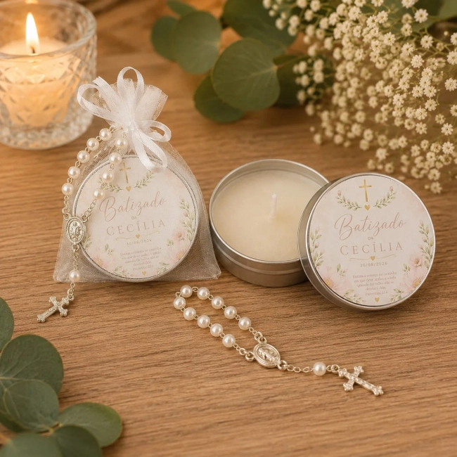 30 Unidades de Lembrancinha Batizado Vela Aromática na Latinha com Terço e Saco do Organza - Trabalhamos com qualquer tema - Informar o tema no chat