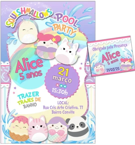 Convite Digital C/tag Pool Party Squishmallows