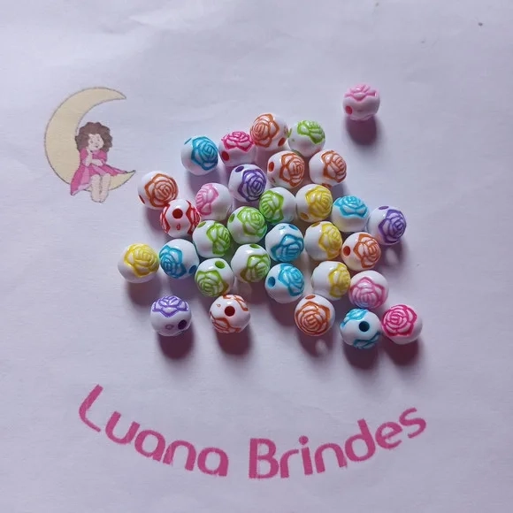 Bolinha Branca com Flor Colorida 8mm Pct 100 Unidades