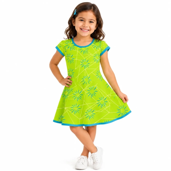 Vestido Infantil Fantasia Sentimento Alegria Verde Limão com Flores Azuis