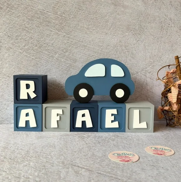 Carrinho Enfeite + Nomes em Cubo - Decoração Bebê