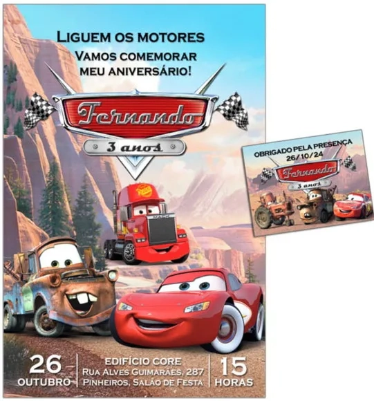 Convite Digital C/tag Carros Disney