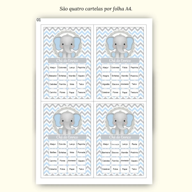 Bingo Chá de Bebê Menino Pdf Para Imprimir