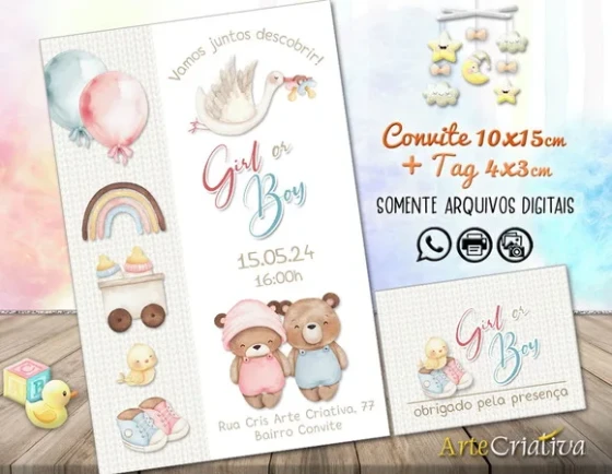 Convite Digital C/tag Chá de Bebê Revelação Ursinho 3