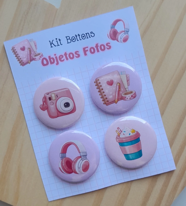Cartela c/ 04 Bottons Tema Objetos Fofos 1
