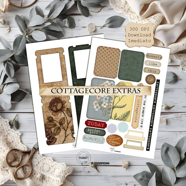 Kit Digital Cottagecore com Elementos Ephemera para Junk Journal e Scrapbook