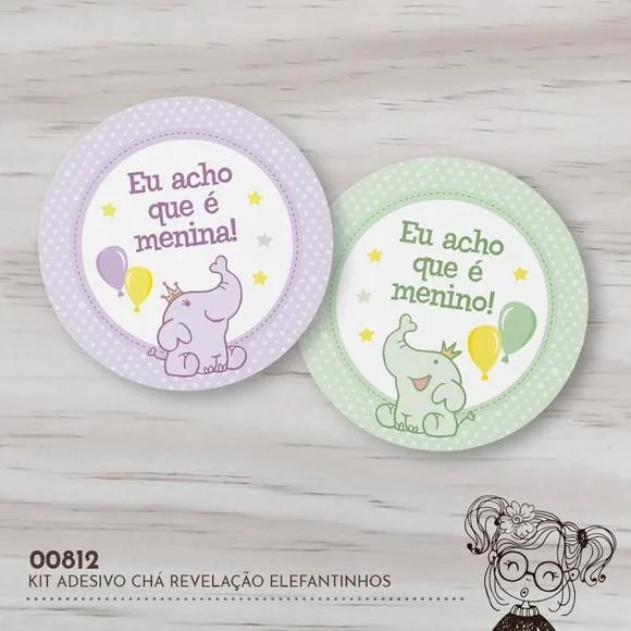Kit Adesivos Redondos Chá Revelação Elefantinhos - 00812