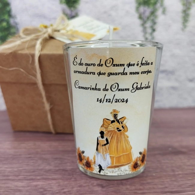 25 Unidades Vela Aromática no Copo Personalizada Orixá Oxum - TRABALHAMOS COM QUALQUER TEMA