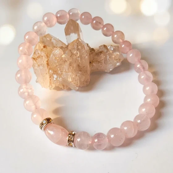 Pulseira Japamala Quartzo Rosa 27 Contas 6mm Delicada e Ajustável