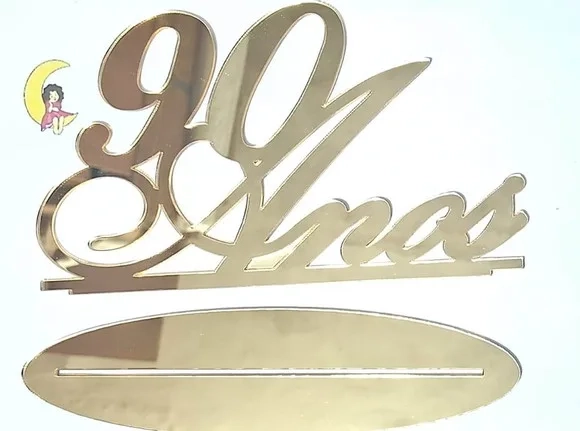 Topo de Bolo 90 Anos Dourado Acrílico Espelhado 16cm 1 Peça