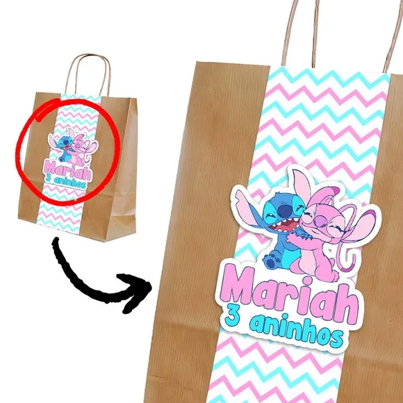 Sacolinha Kraft Stitch e Angel Personalizada com Aplique 3d
