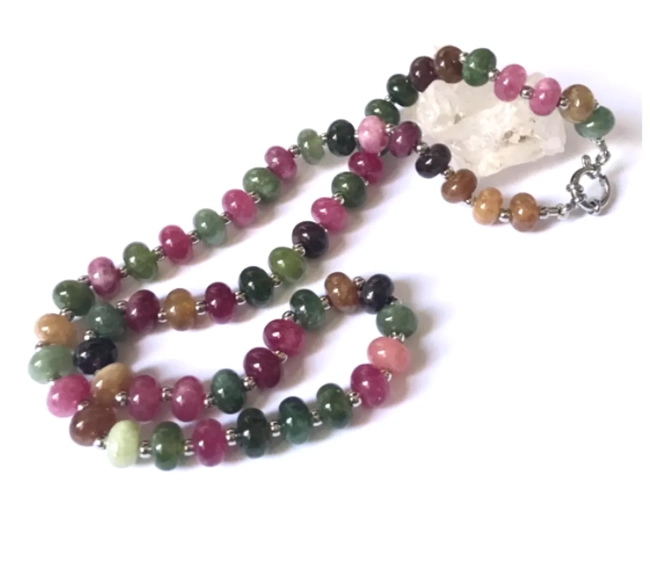 Choker Colar de Jade colorida em rondell liso e Aço Inox