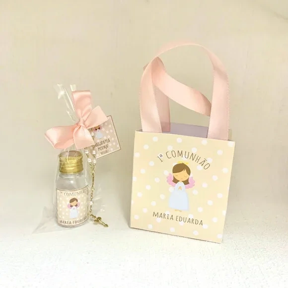 Kit Sacolinha personalizada + Água benta com mini terço