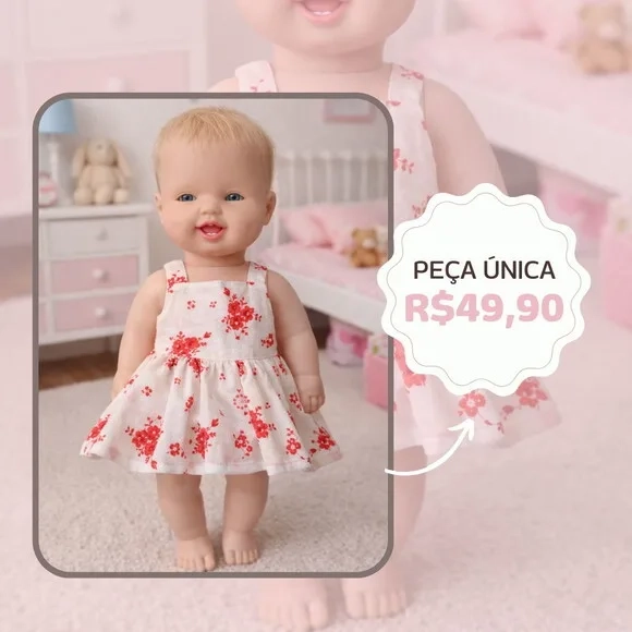 Vestido Floral para Boneca 32 cm em Tricoline com Velcro