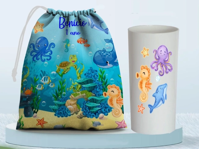 Kit Saquinho Surpresa e Copo Long Drink Personalizado Fundo do Mar