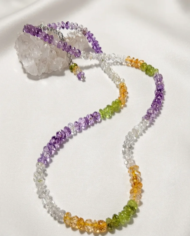 Colar Choker Cristal Ametista, Cristal Peridoto, Cristal Citrino e Cristal Transparente - Aço Inox