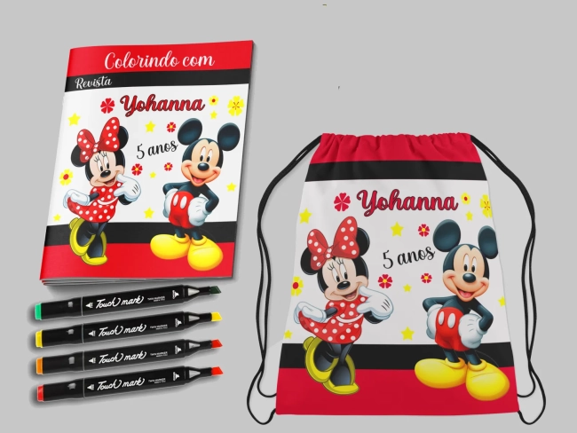 Kit Mochila e Revista de colorir com Canetinhas Minnie e Mickey