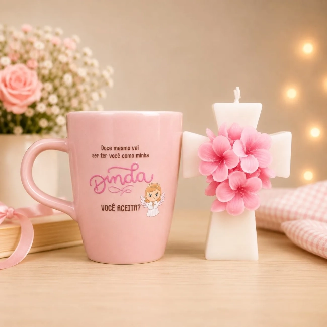 Xícara Personalizada com Vela em formato de Cruz Flor - Pedido de Madrinha e Parinho