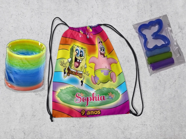 Kit Mochilinha + Mini Massinha de modelar e mola Maluca do Bob Esponja