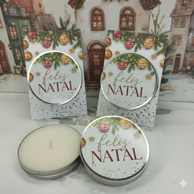 30 unidades de Vela Aromática na latinha Personalizada Feliz Natal - Trabalhamos com qualquer tema - Informar o tema no chat