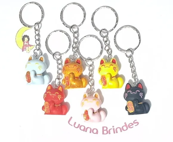 Chaveiro Gato da Sorte Maneki 26mm Resina 5 Unidades Variado