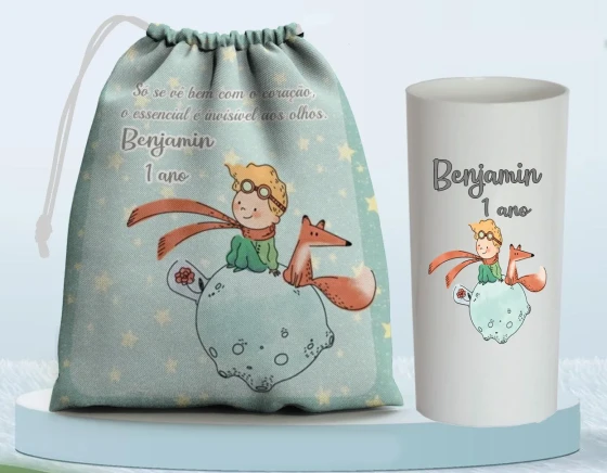 Kit Saquinho Surpresa e Copo Long Drink Personalizado Pequeno Princípe